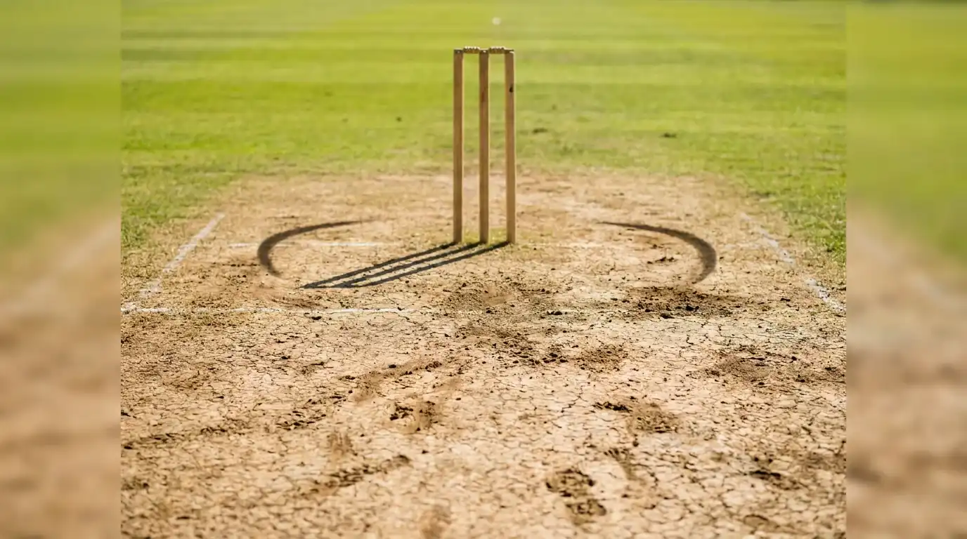 Close-up view down a cricket pitch showing three stumps with the bails on top against a green outfield background