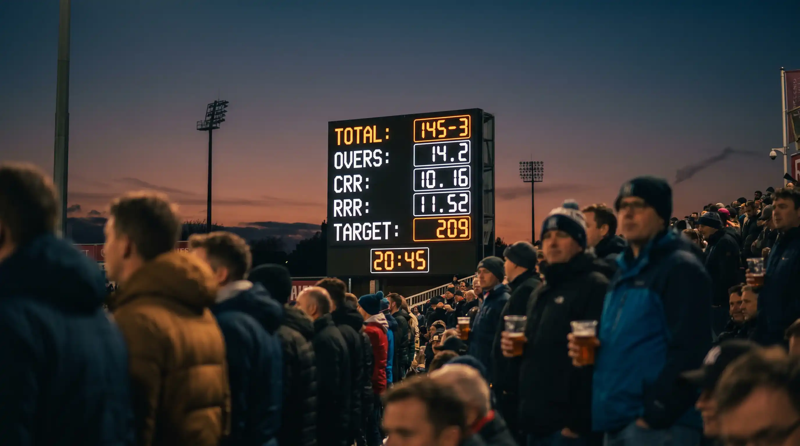 Electronic scoreboard at a T20 cricket ground showing the live run rate and required run rate during a tight floodlit chase