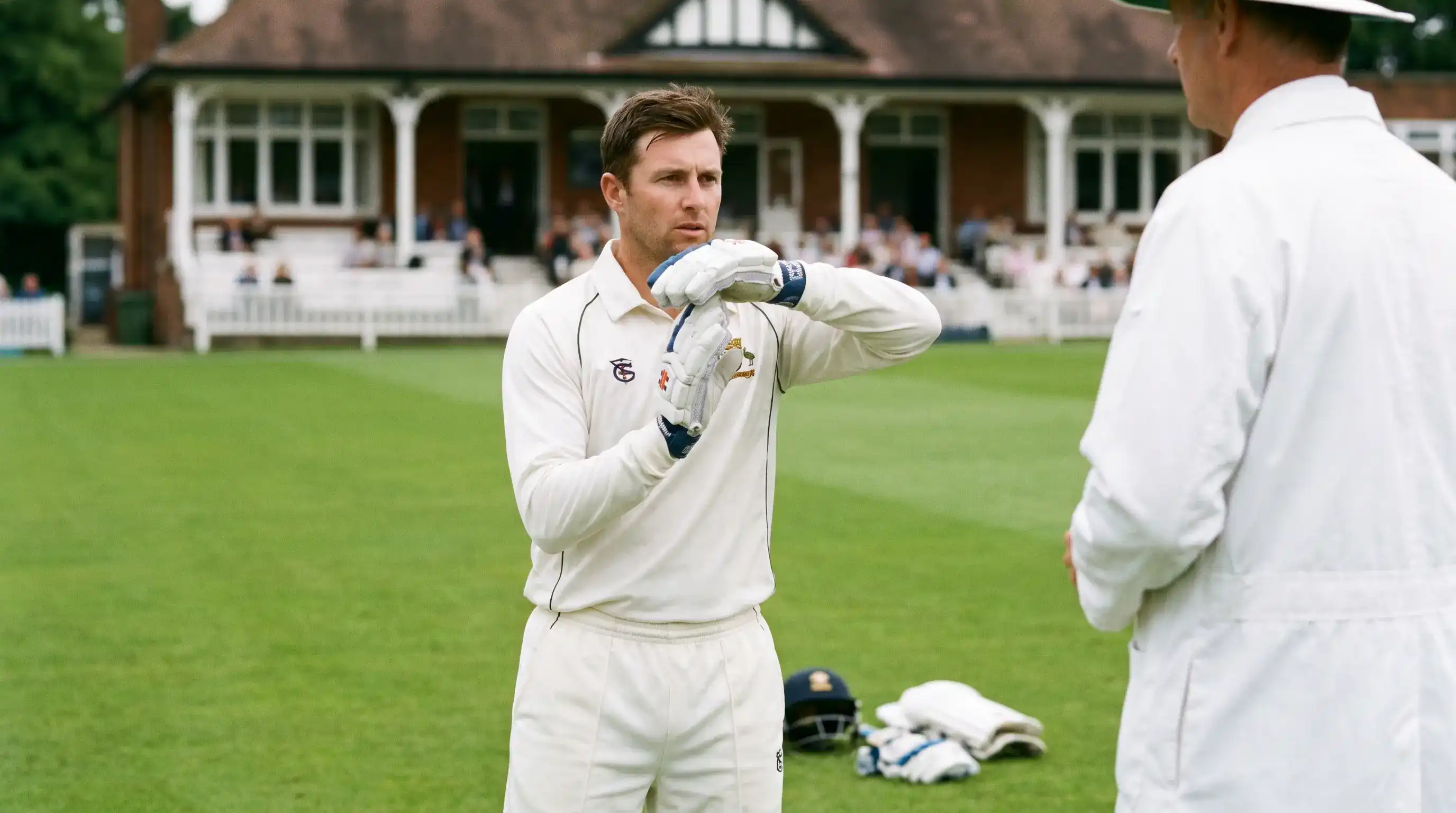 Cricket captain making the T-sign with both hands to signal a DRS review request to the on-field umpire during a Test match at an English ground