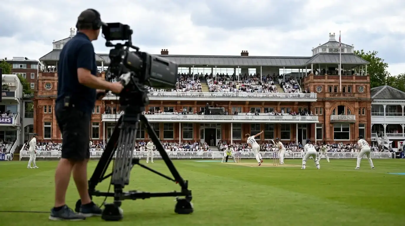 Women's cricket international match in progress with broadcast camera operator on the boundary