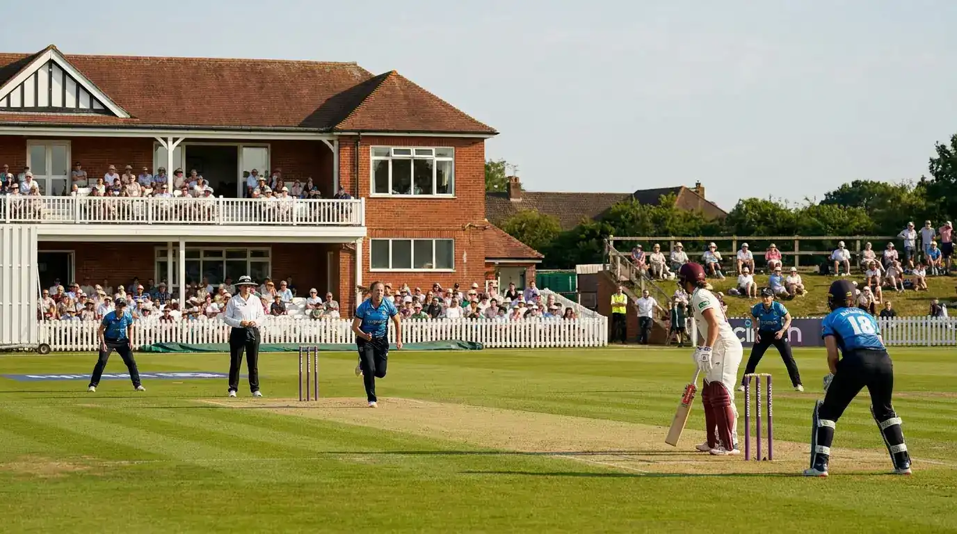 Women's cricket match in progress at an English ground on a summer afternoon