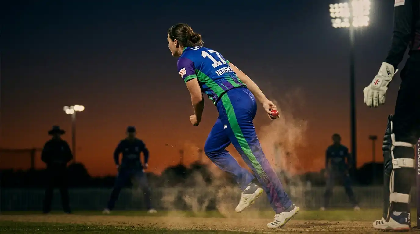 Female cricket bowler in coloured kit in delivery stride during a Women's Hundred match at an English ground