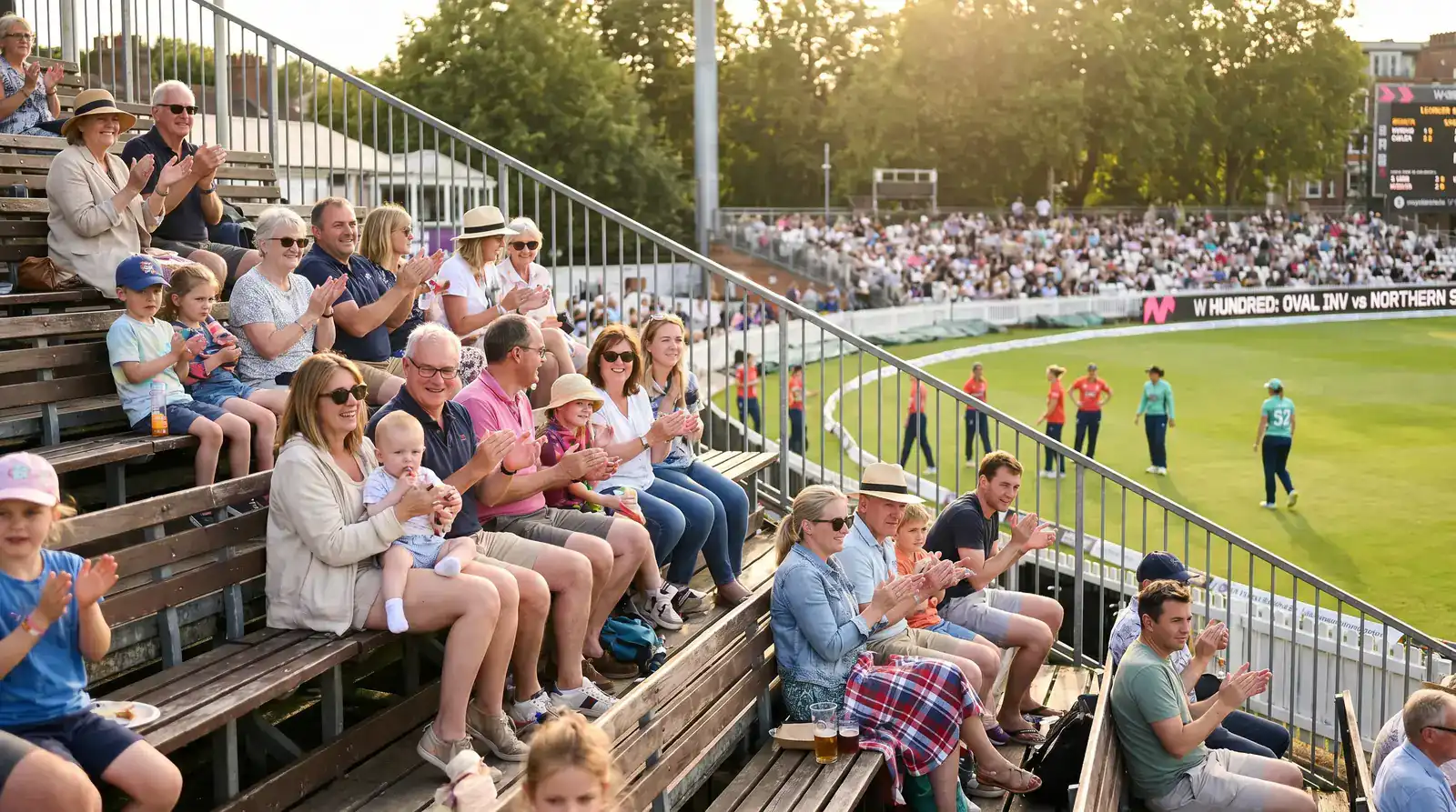 Family crowd in the stand at a women's Hundred match with parents and children watching the action under late summer light