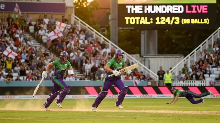 Women's Hundred match at an English ground with batters running between the wickets and the scoreboard visible in the background