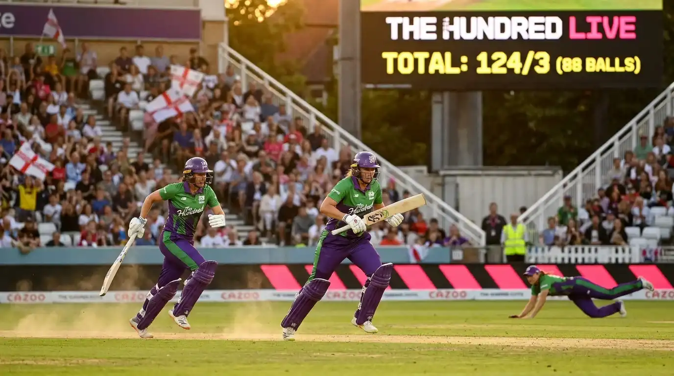 Women's Hundred match at an English ground with batters running between the wickets and the scoreboard visible in the background