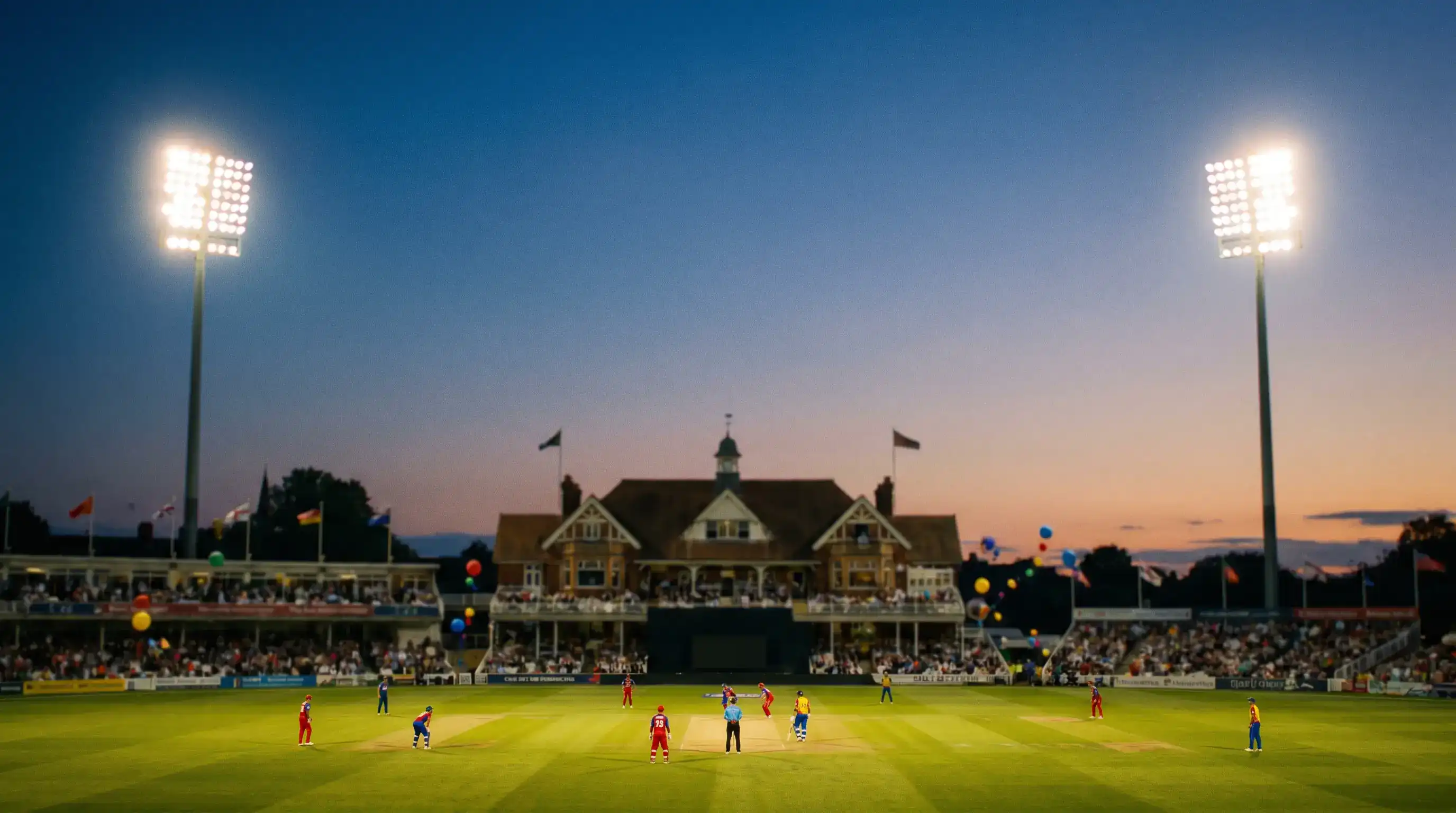 English cricket ground at twilight with floodlights illuminating the pitch during a Women's Hundred fixture